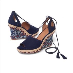 CAbi “Isla” Peep Toe Ankle Tie Wedge Heels